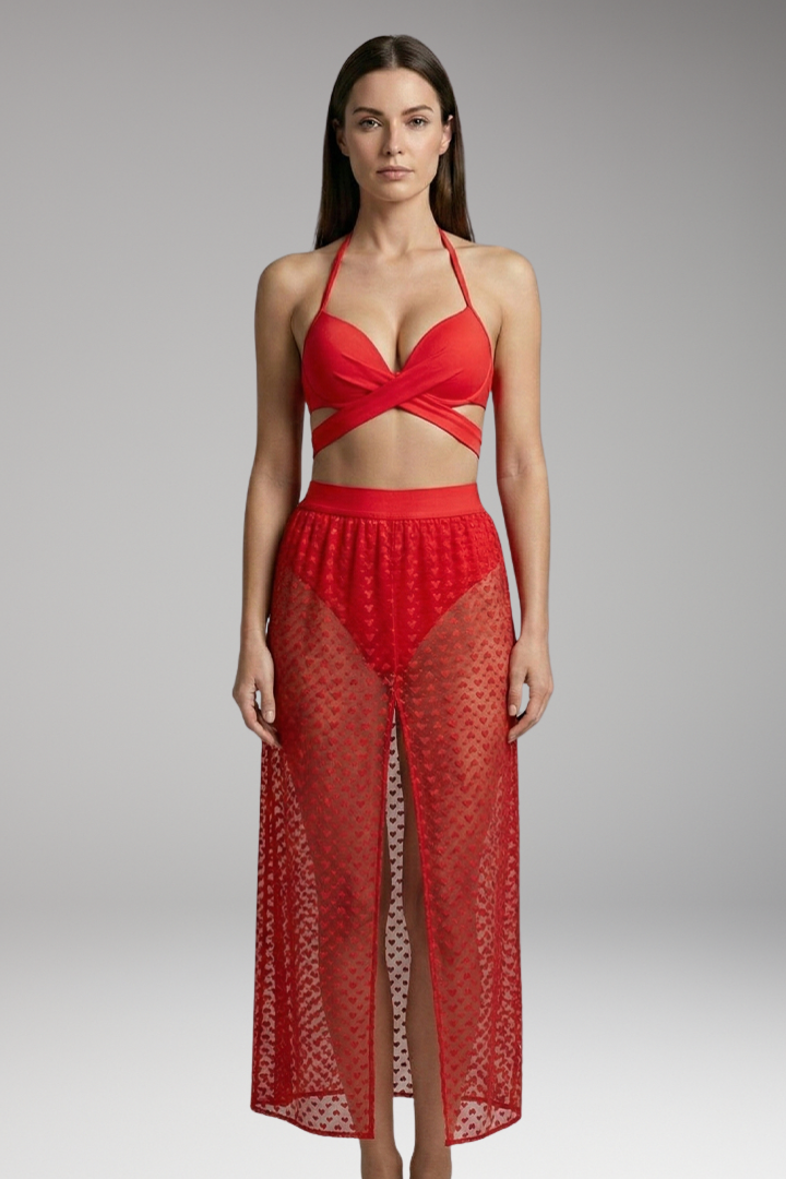 Women’s Three-Piece Bikini with Criss-Cross Top and Mesh Skirt