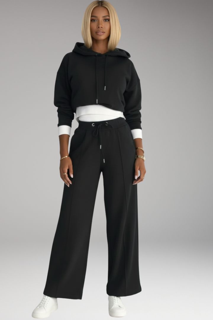 Women’s Tracksuit Set with Drawstring Hoodie and Wide-Leg Trousers