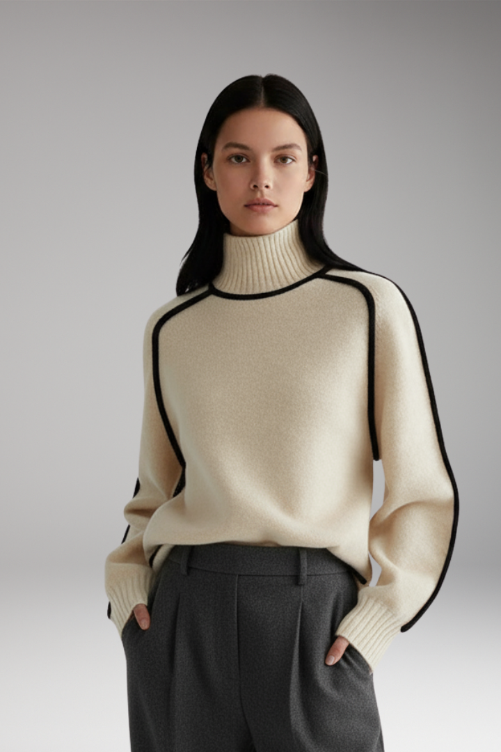Women’s Turtleneck Jumper with High Collar and Piping Detail