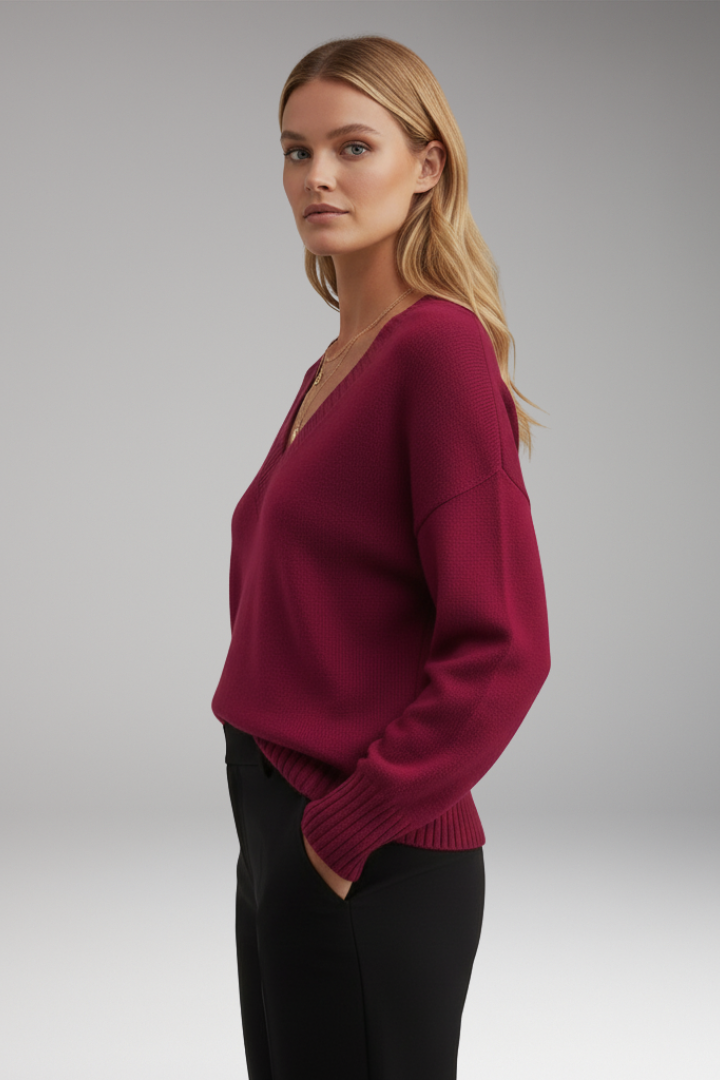 Women’s V-Neck Jumper with Ribbed Trim and Knit Design