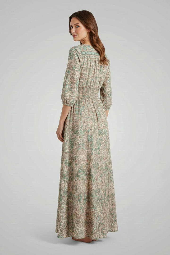 Women's Bohemian Print Dress with V-Neck and Relaxed Fit