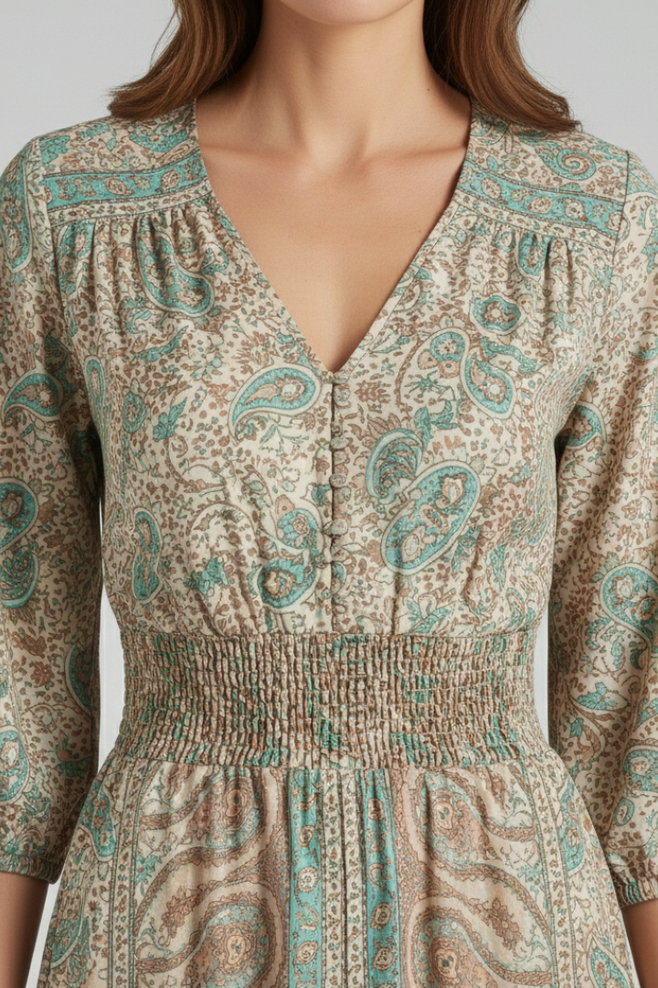 Women's Bohemian Print Dress with V-Neck and Relaxed Fit