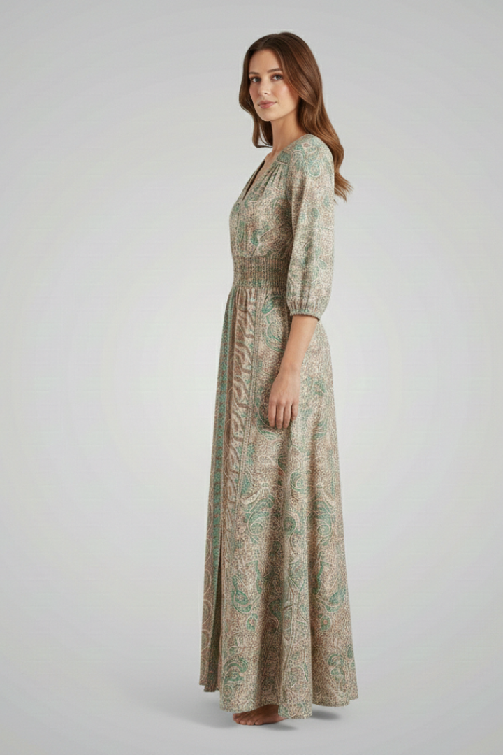 Women's Bohemian Print Dress with V-Neck and Relaxed Fit
