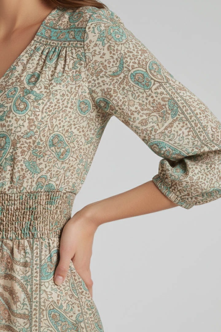 Women's Bohemian Print Dress with V-Neck and Relaxed Fit
