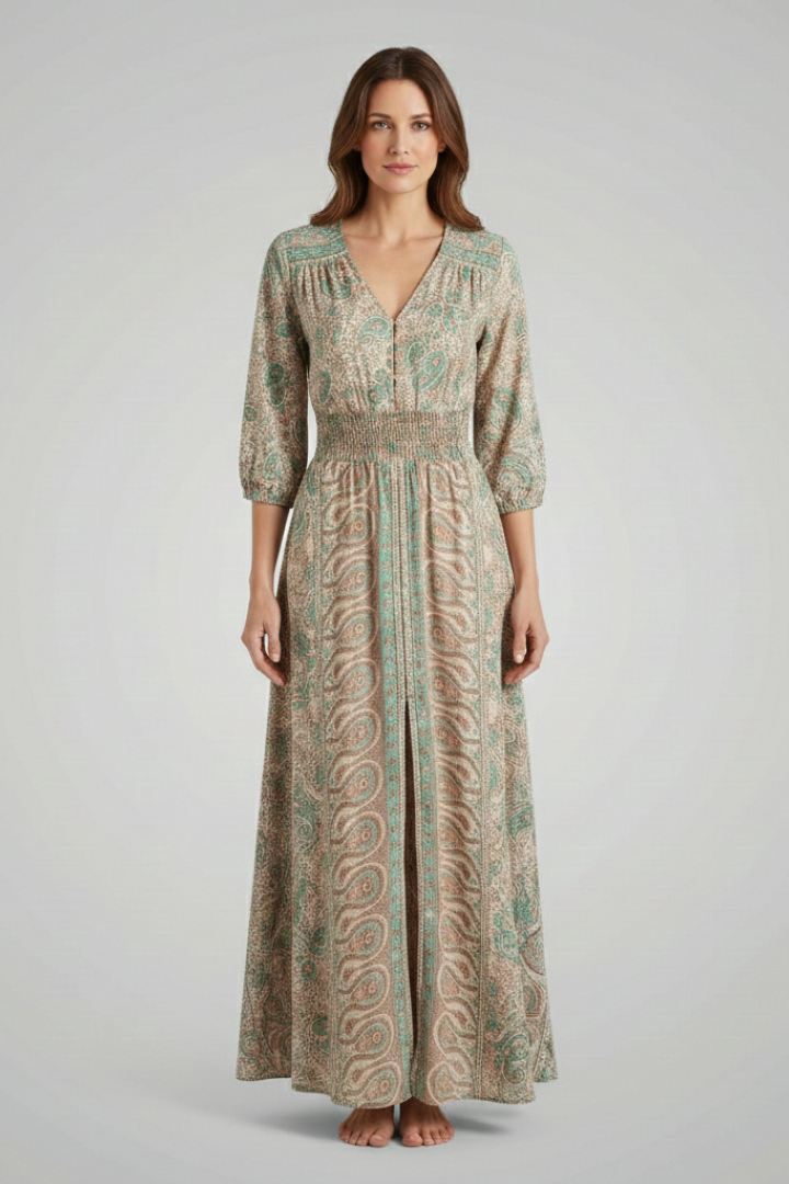 Women's Bohemian Print Dress with V-Neck and Relaxed Fit