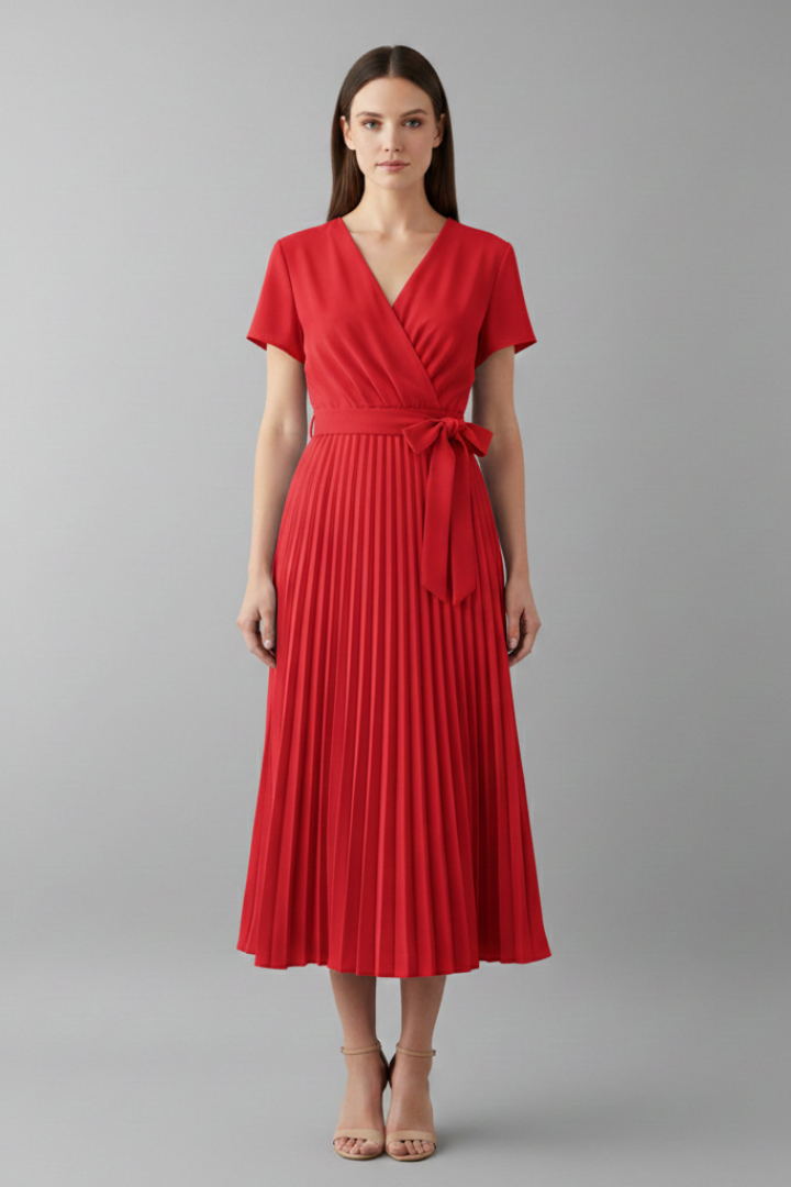 Women's Knee-Length Pleated Dress with High Waist and V-Neck