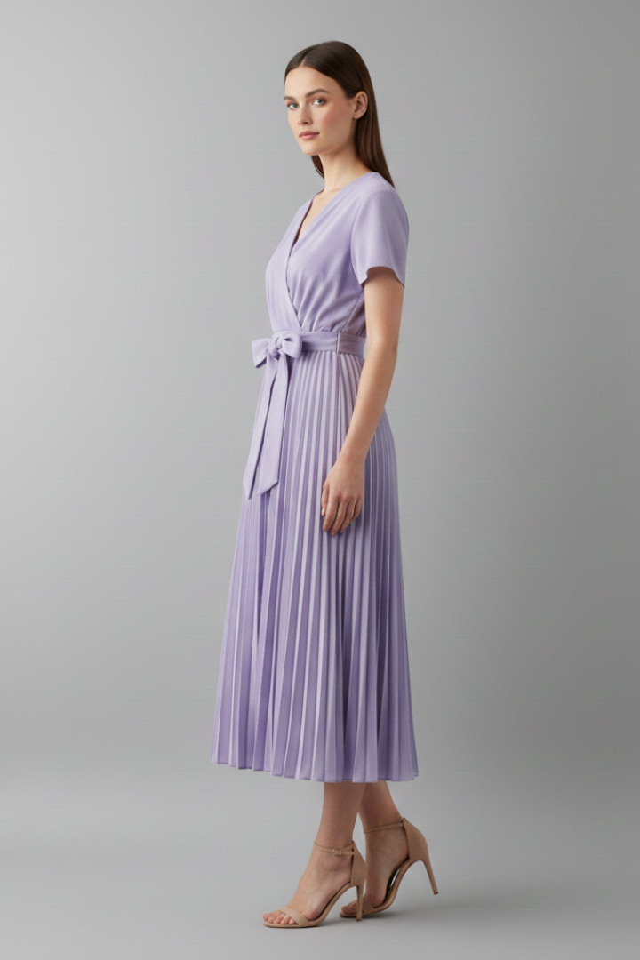Women's Knee-Length Pleated Dress with High Waist and V-Neck